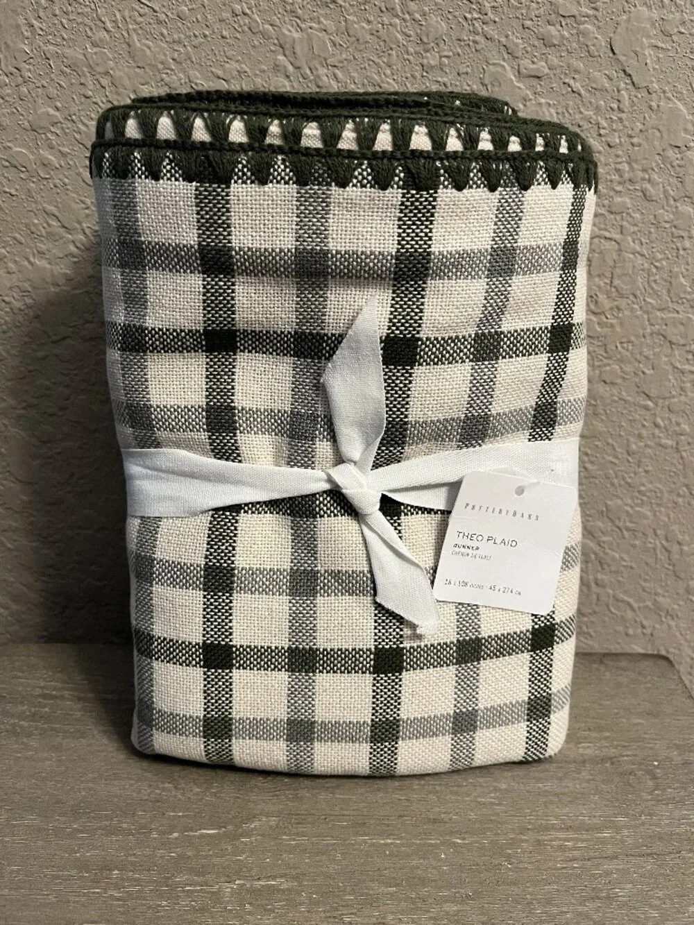 Pottery Barn Theo Plaid Green & Ivory Table Runner 18 x 108